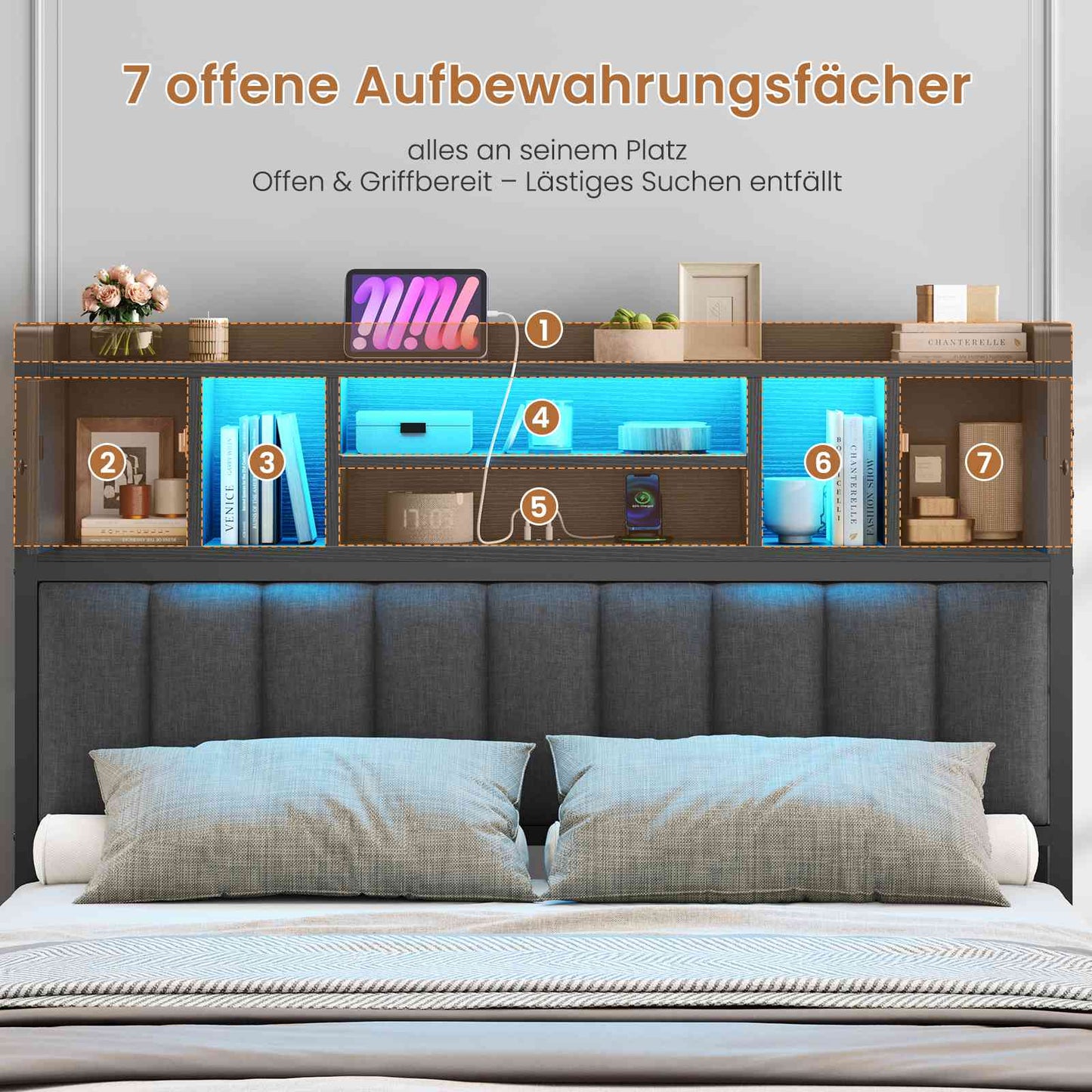 AOGLLATI Bett 140x200 mit Hydraulischem Stauraum & Kopfteil Stauraum mit LED Beleuchtung und Ladestation