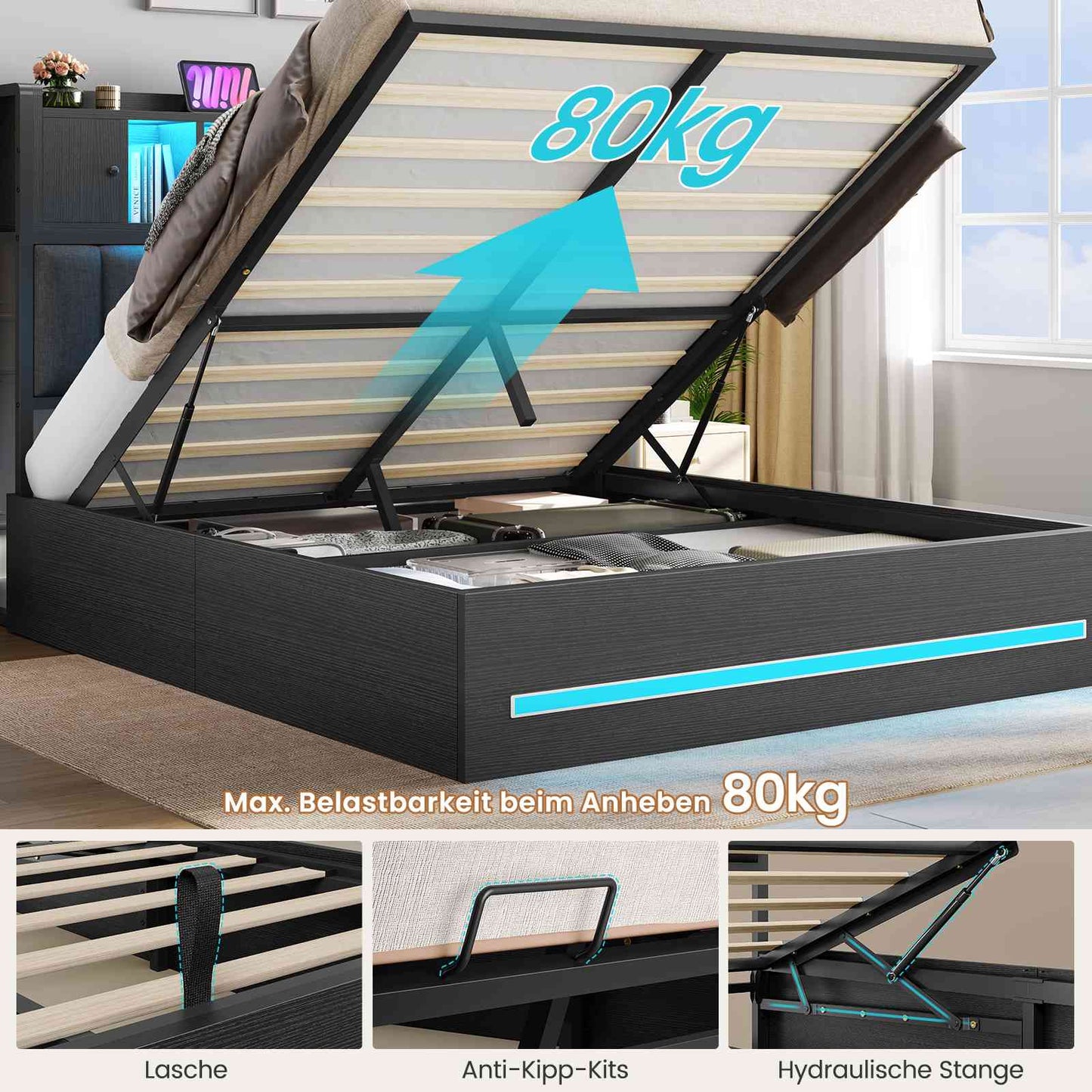 AOGLLATI Bett 140x200 mit Hydraulischem Stauraum & Kopfteil Stauraum mit LED Beleuchtung und Ladestation