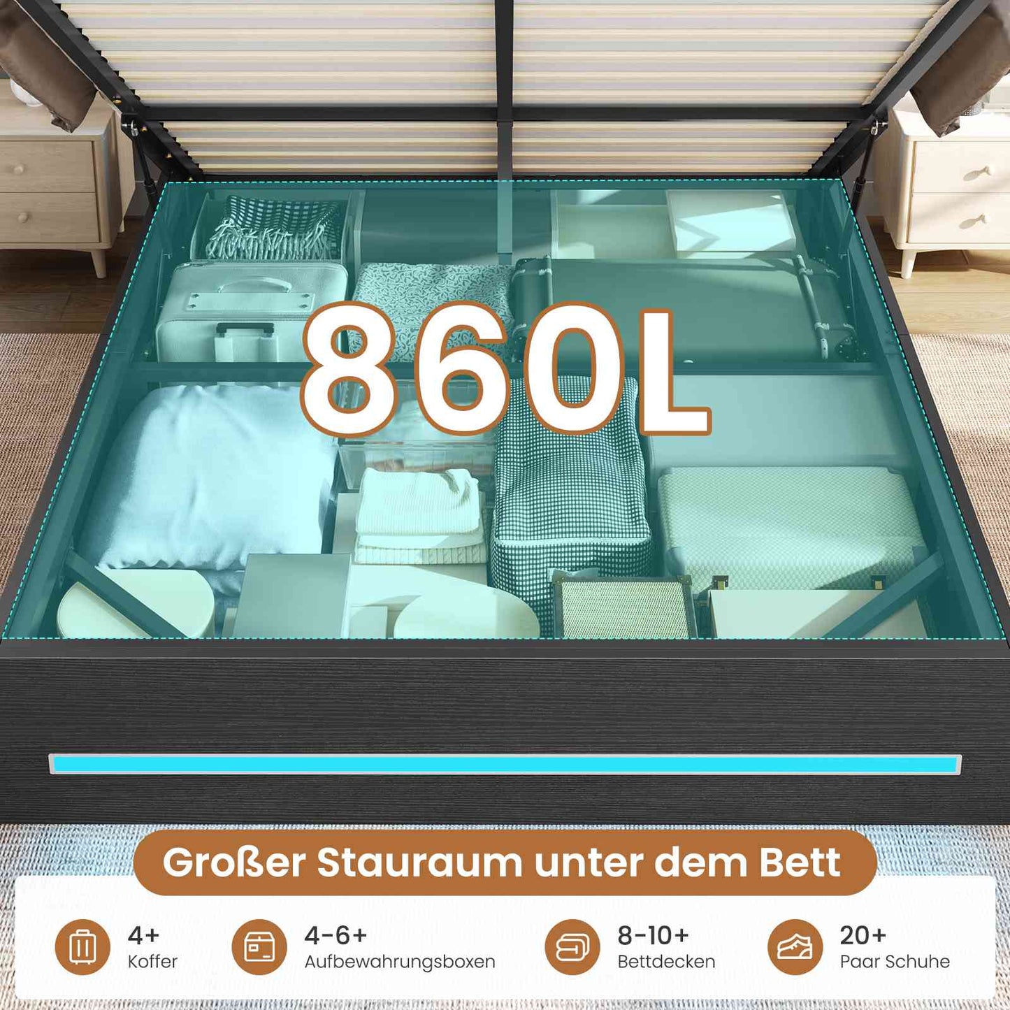 AOGLLATI Bett 140x200 mit Hydraulischem Stauraum & Kopfteil Stauraum mit LED Beleuchtung und Ladestation