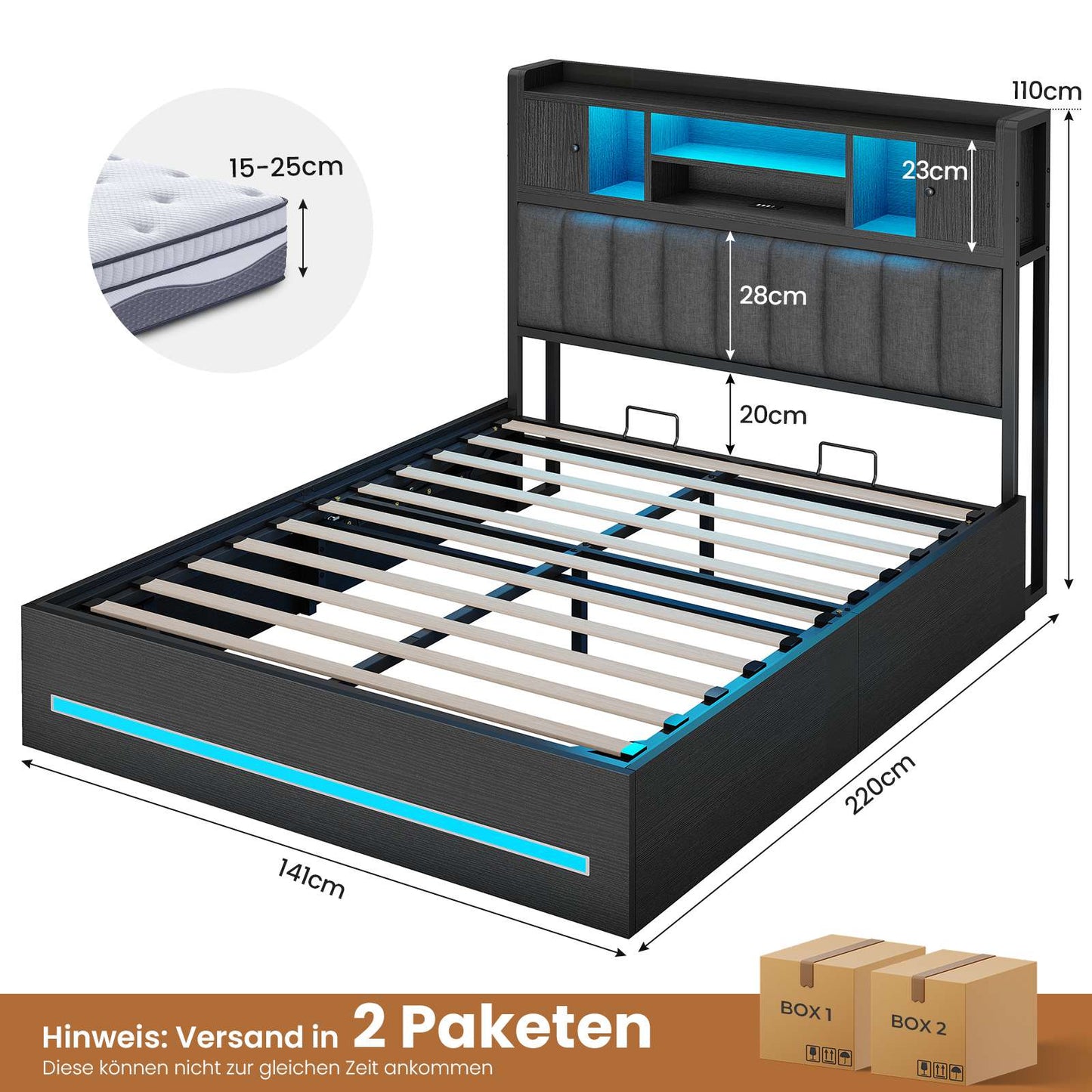 AOGLLATI Bett 140x200 mit Hydraulischem Stauraum & Kopfteil Stauraum mit LED Beleuchtung und Ladestation