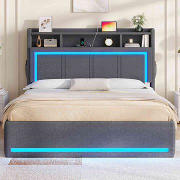 AOGLLATI Bett 140x200 Dunkelgrau mit LED Beleuchtung USB & Hydrauliksystem | Polsterbett mit Bettkasten Kopfteil Stauraum