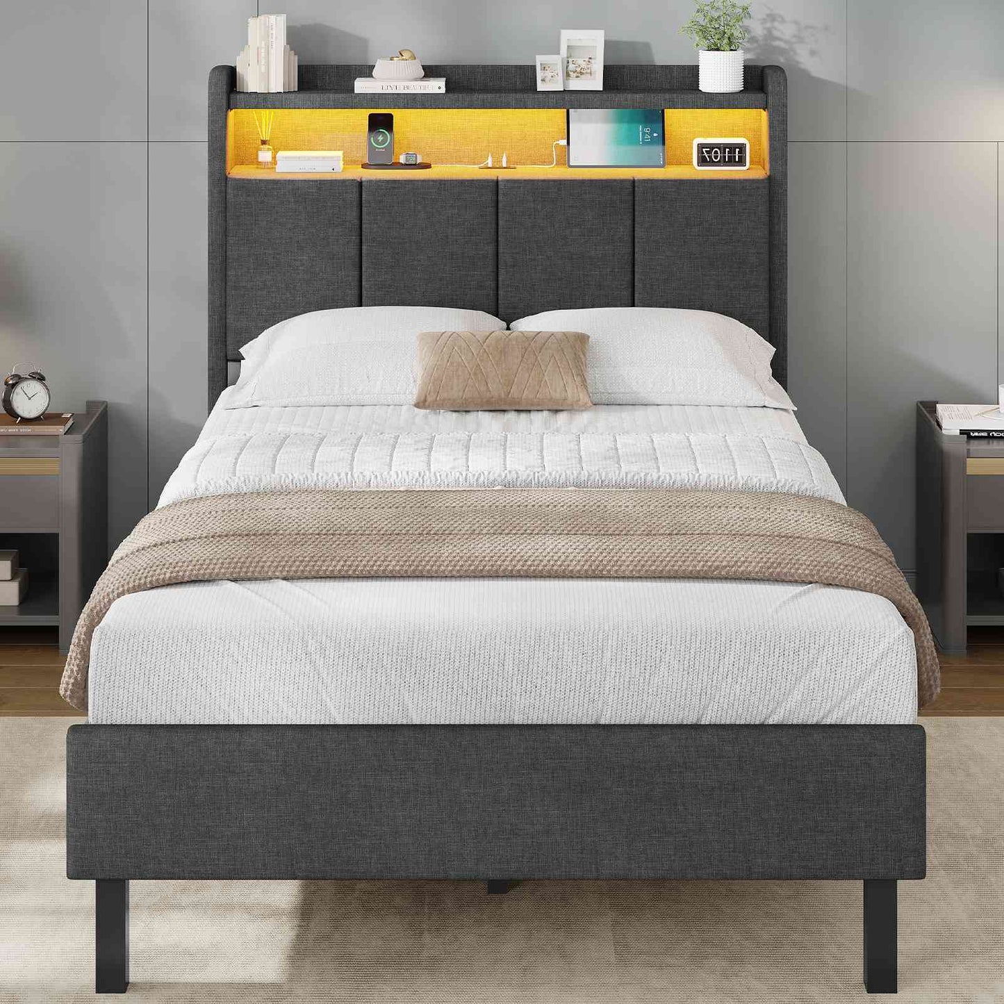 AOGLLATI Bett 90x200 mit LED & Ladestation Bettgestell mit Stauraum unter dem Bett Kinderbett Jugendbett mit Lattenrost aus Holz