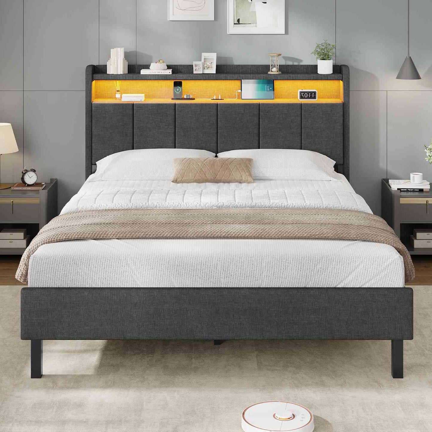 AOGLLATI Polsterbett 140x200 mit LED & Ladestation mit Stauraum unter dem Bett Jugendbett Bettgestell mit Weich Gepolstertem Kopfteil