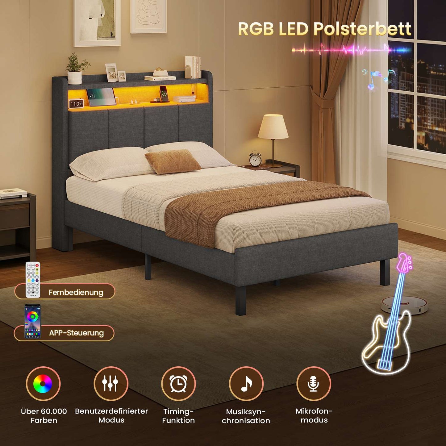 AOGLLATI Bett 90x200 mit LED & Ladestation Bettgestell mit Stauraum unter dem Bett Kinderbett Jugendbett mit Lattenrost aus Holz
