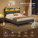 AOGLLATI Polsterbett 140x200 mit LED & Ladestation mit Stauraum unter dem Bett Jugendbett Bettgestell mit Weich Gepolstertem Kopfteil