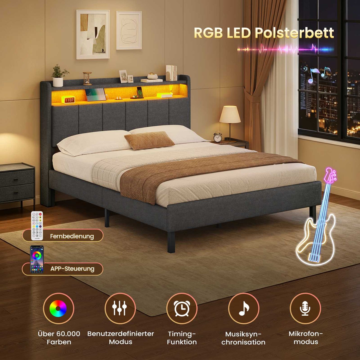 AOGLLATI Polsterbett 140x200 mit LED & Ladestation mit Stauraum unter dem Bett Jugendbett Bettgestell mit Weich Gepolstertem Kopfteil
