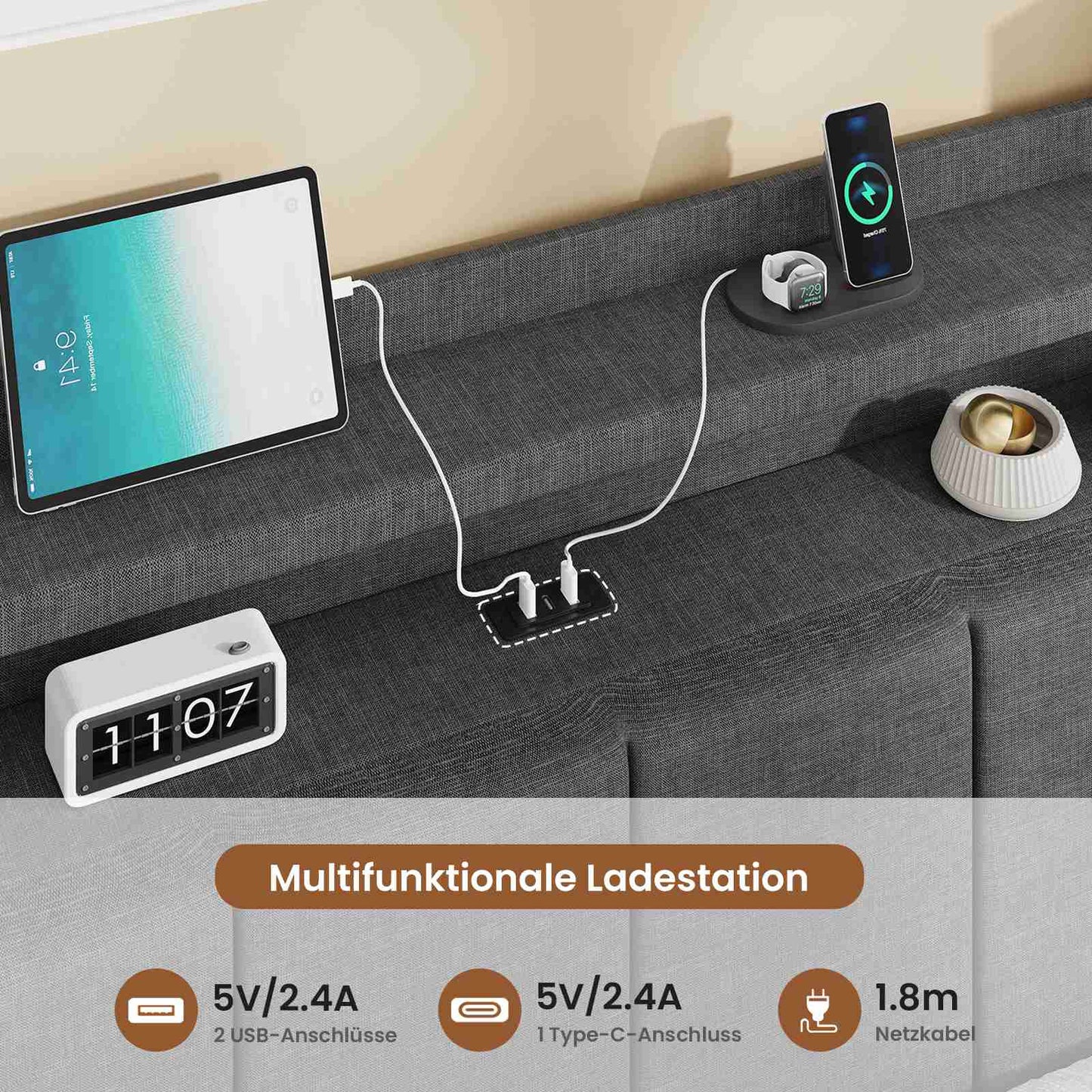 AOGLLATI Polsterbett 140x200 mit LED & Ladestation mit Stauraum unter dem Bett Jugendbett Bettgestell mit Weich Gepolstertem Kopfteil