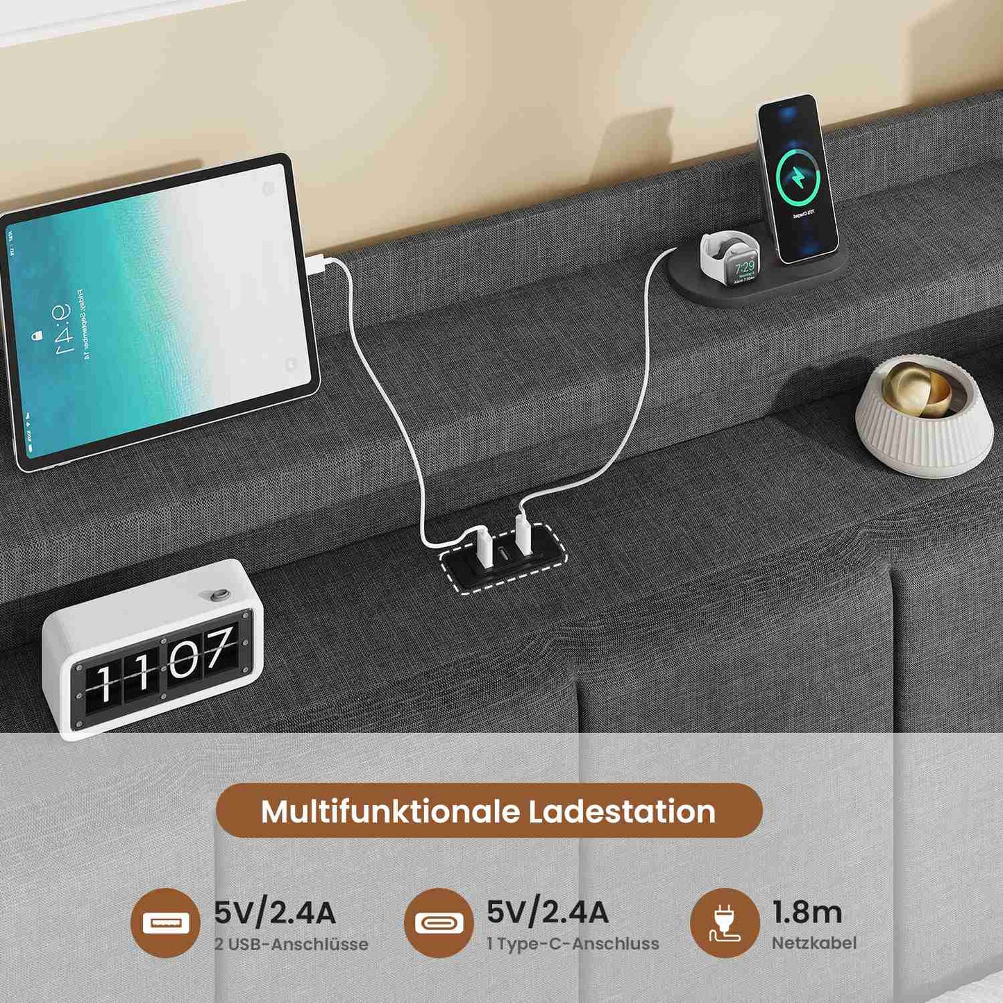 AOGLLATI Bett 90x200 mit LED & Ladestation Bettgestell mit Stauraum unter dem Bett Kinderbett Jugendbett mit Lattenrost aus Holz