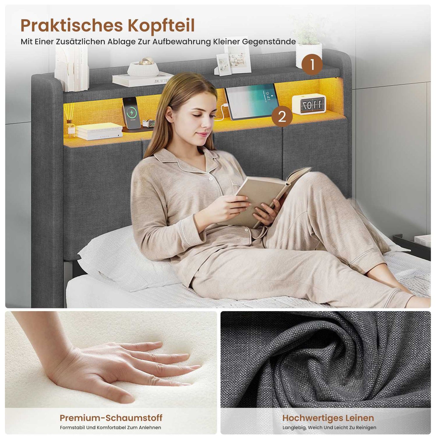 AOGLLATI Bett 90x200 mit LED & Ladestation Bettgestell mit Stauraum unter dem Bett Kinderbett Jugendbett mit Lattenrost aus Holz