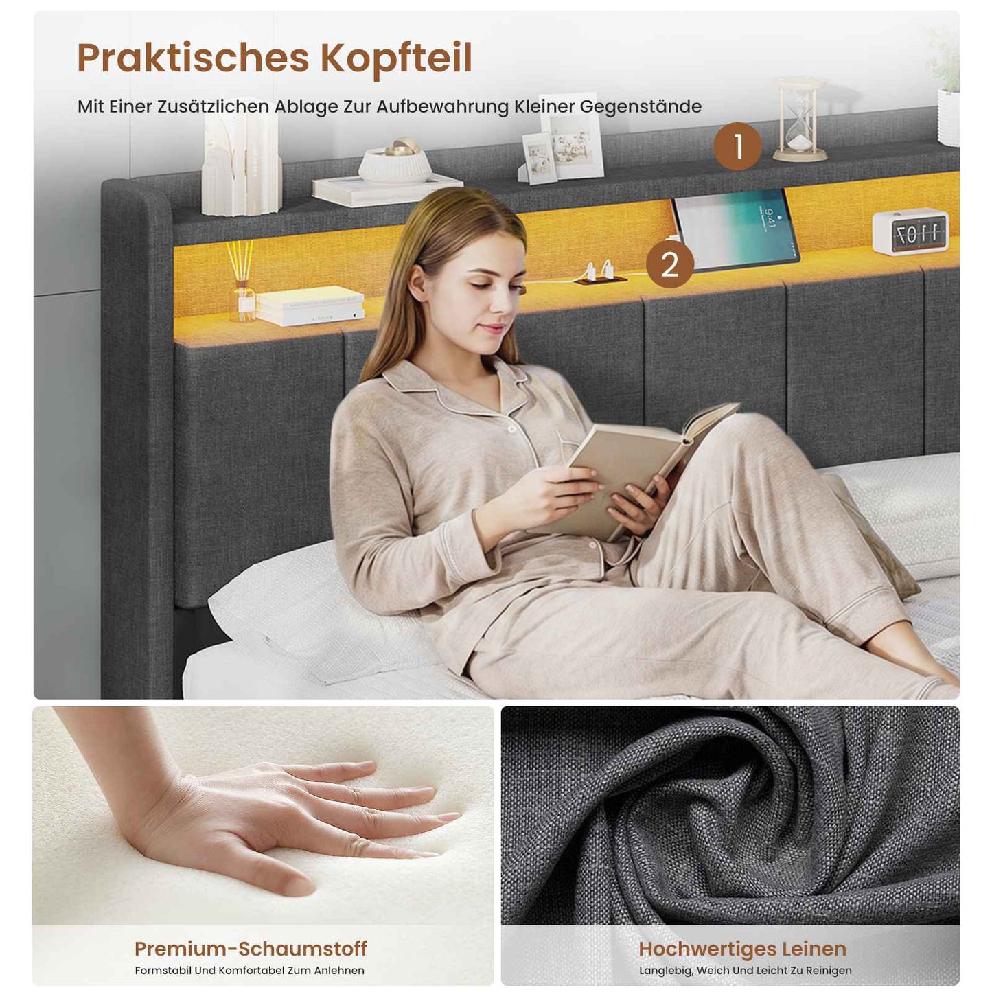 AOGLLATI Polsterbett 140x200 mit LED & Ladestation mit Stauraum unter dem Bett Jugendbett Bettgestell mit Weich Gepolstertem Kopfteil