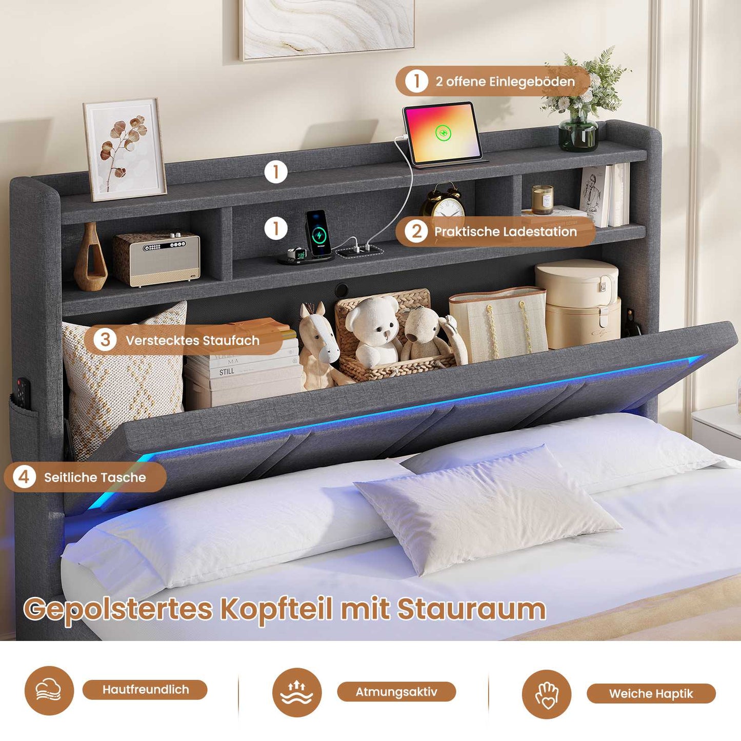 AOGLLATI Bett 140x200 Dunkelgrau mit LED Beleuchtung USB & Hydrauliksystem | Polsterbett mit Bettkasten Kopfteil Stauraum