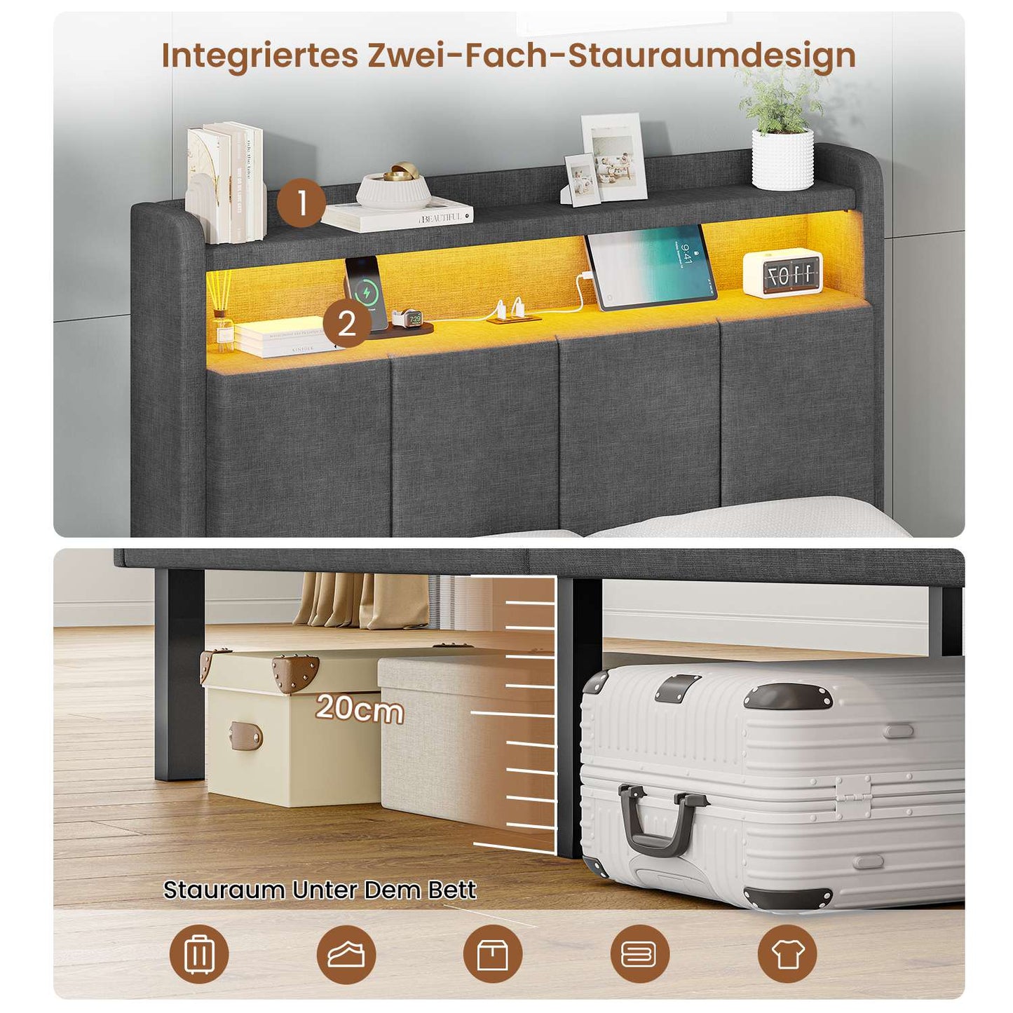 AOGLLATI Bett 90x200 mit LED & Ladestation Bettgestell mit Stauraum unter dem Bett Kinderbett Jugendbett mit Lattenrost aus Holz