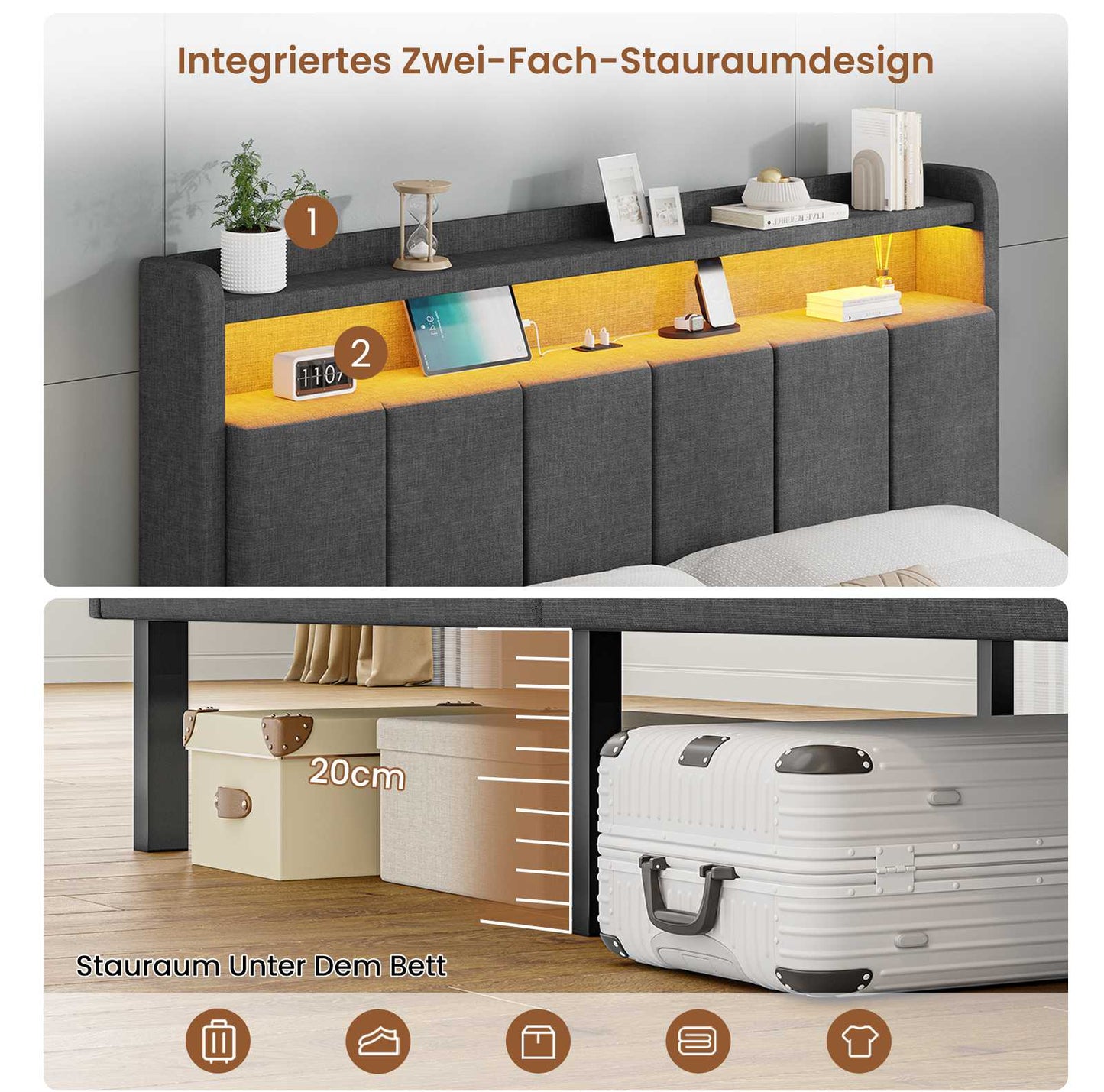 AOGLLATI Polsterbett 140x200 mit LED & Ladestation mit Stauraum unter dem Bett Jugendbett Bettgestell mit Weich Gepolstertem Kopfteil