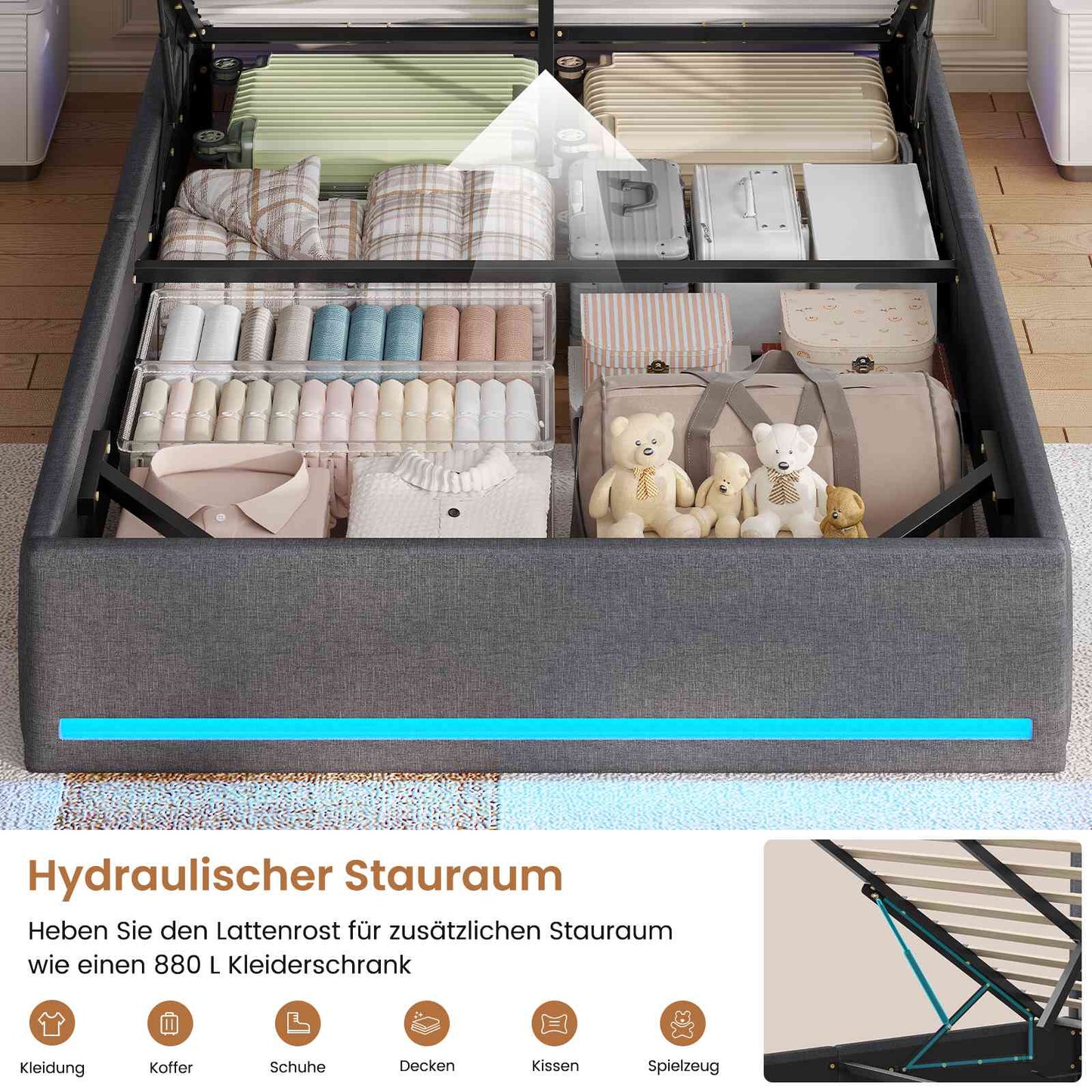 AOGLLATI Bett 140x200 Dunkelgrau mit LED Beleuchtung USB & Hydrauliksystem | Polsterbett mit Bettkasten Kopfteil Stauraum