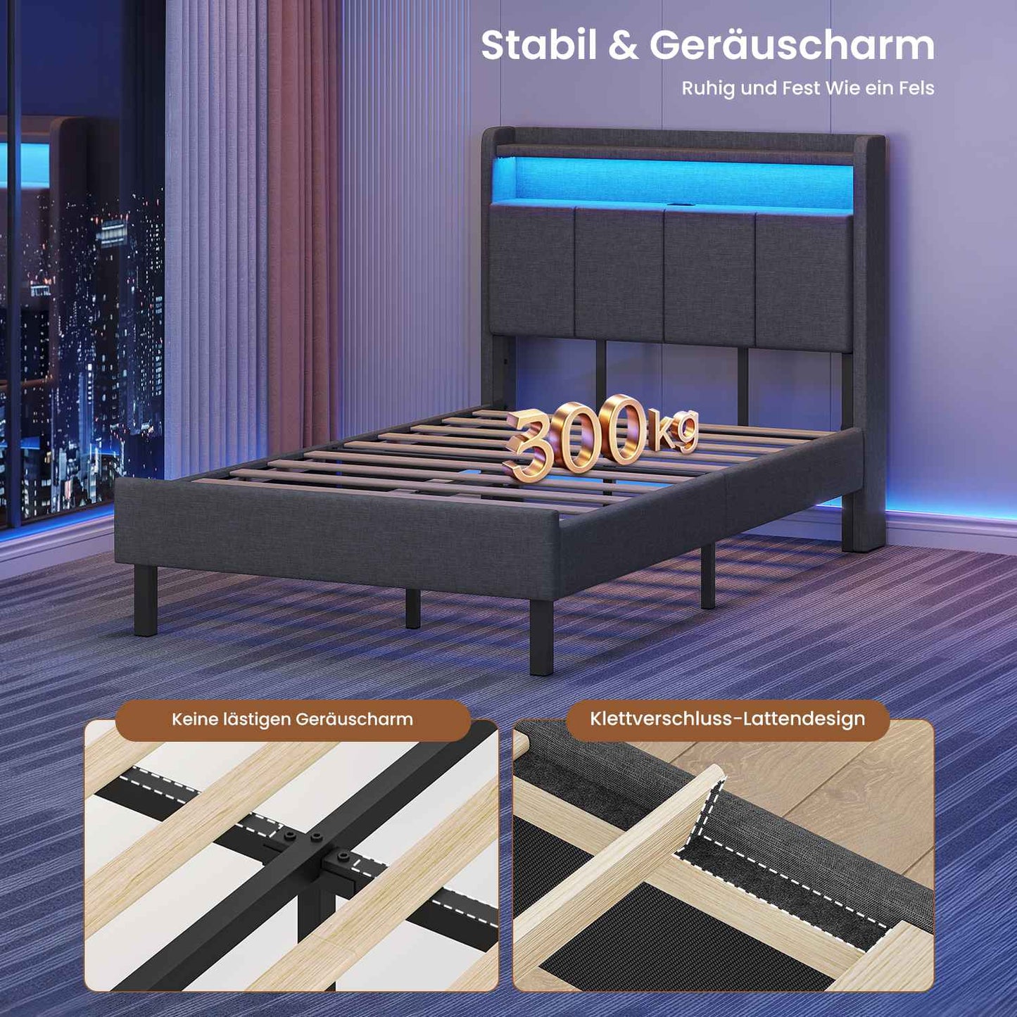 AOGLLATI Bett 90x200 mit LED & Ladestation Bettgestell mit Stauraum unter dem Bett Kinderbett Jugendbett mit Lattenrost aus Holz
