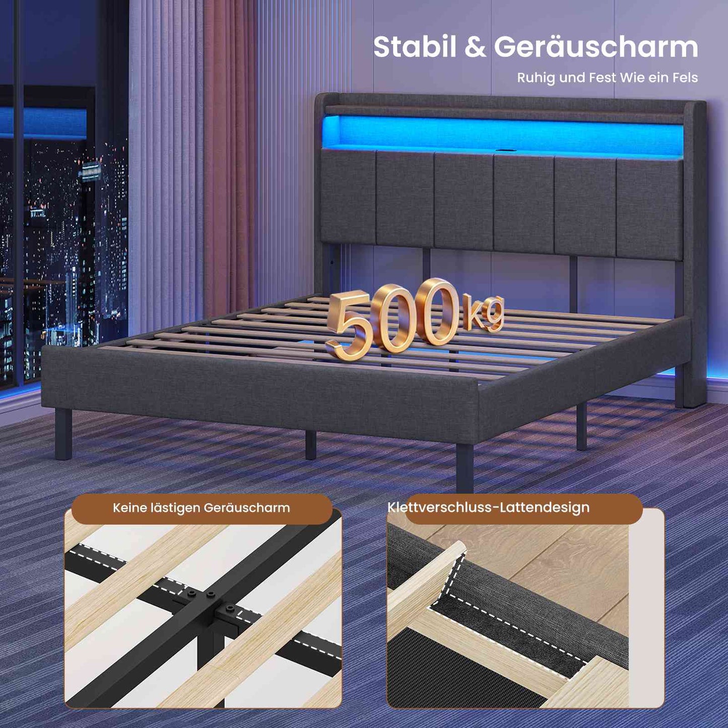 AOGLLATI Polsterbett 140x200 mit LED & Ladestation mit Stauraum unter dem Bett Jugendbett Bettgestell mit Weich Gepolstertem Kopfteil
