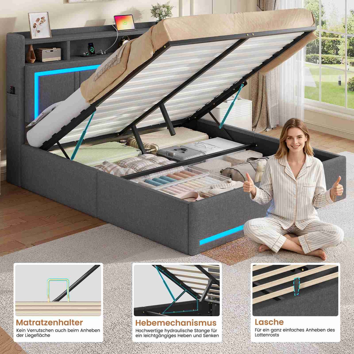 AOGLLATI Bett 140x200 Dunkelgrau mit LED Beleuchtung USB & Hydrauliksystem | Polsterbett mit Bettkasten Kopfteil Stauraum