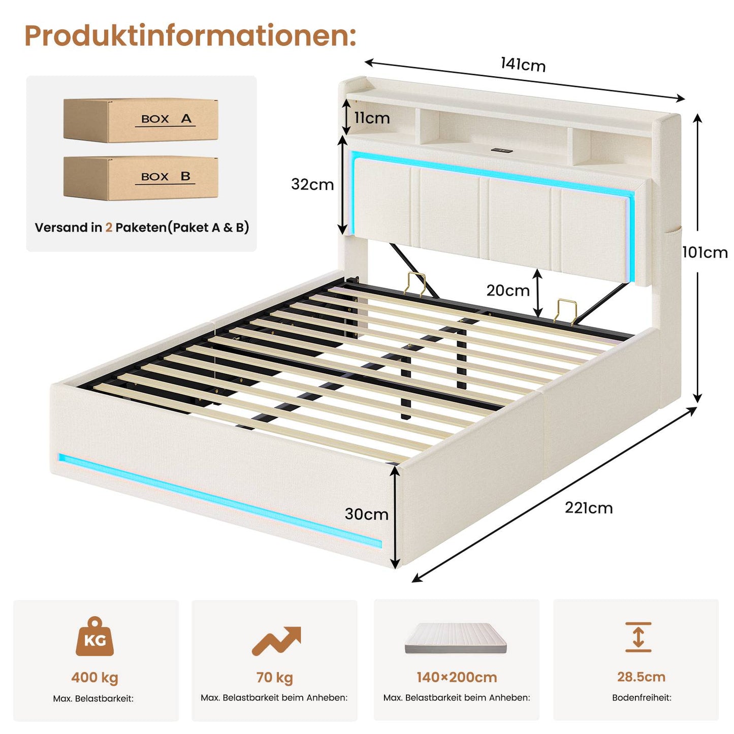 AOGLLATI Bett 140x200 Dunkelgrau mit LED Beleuchtung USB & Hydrauliksystem | Polsterbett mit Bettkasten Kopfteil Stauraum