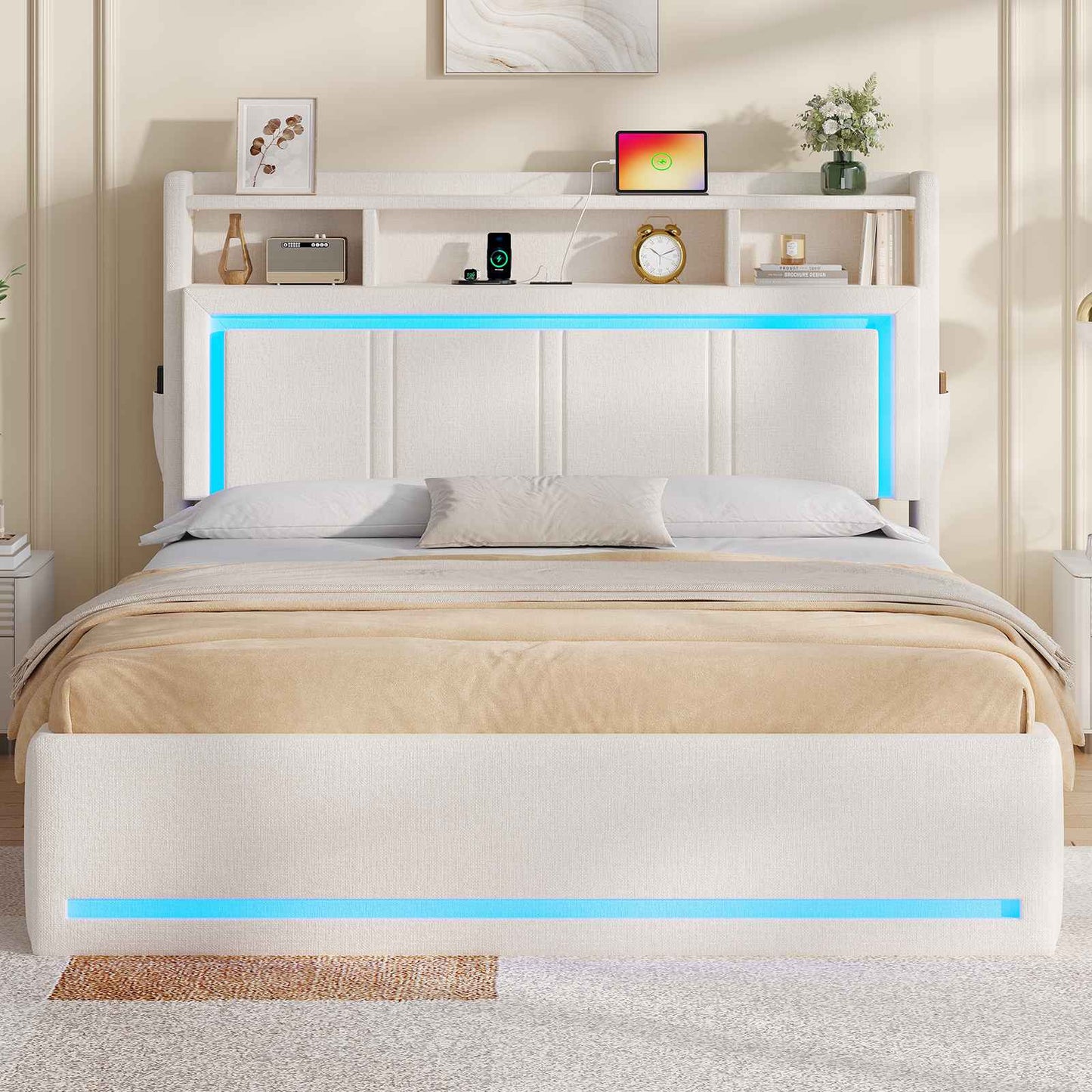 AOGLLATI Bett 140x200 Dunkelgrau mit LED Beleuchtung USB & Hydrauliksystem | Polsterbett mit Bettkasten Kopfteil Stauraum
