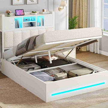 AOGLLATI Bett 140x190 mit Hydraulischem Stauraum & Kopfteil Stauraum mit LED Beleuchtung und Ladestation