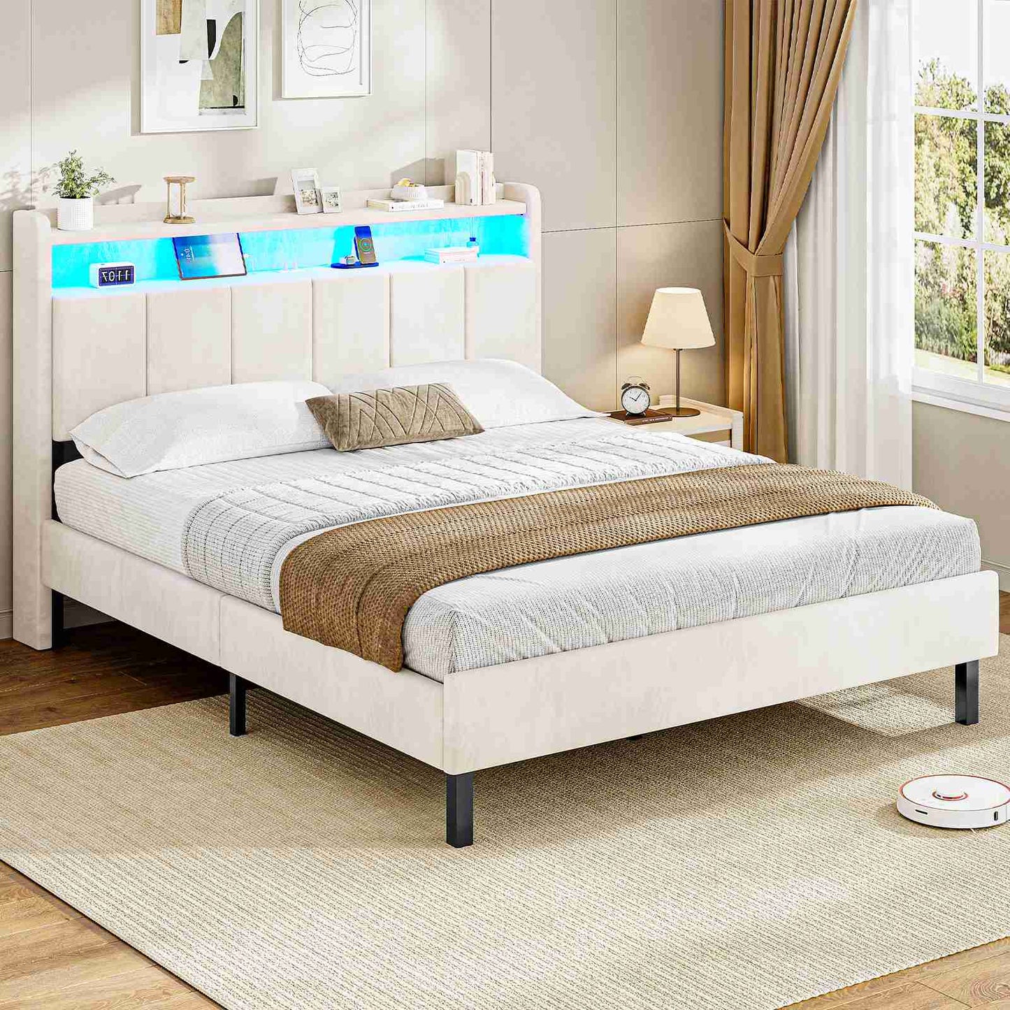 AOGLLATI Polsterbett 140x190 mit LED & Ladestation mit Stauraum unter dem Bett mit Lattenrost aus Holz