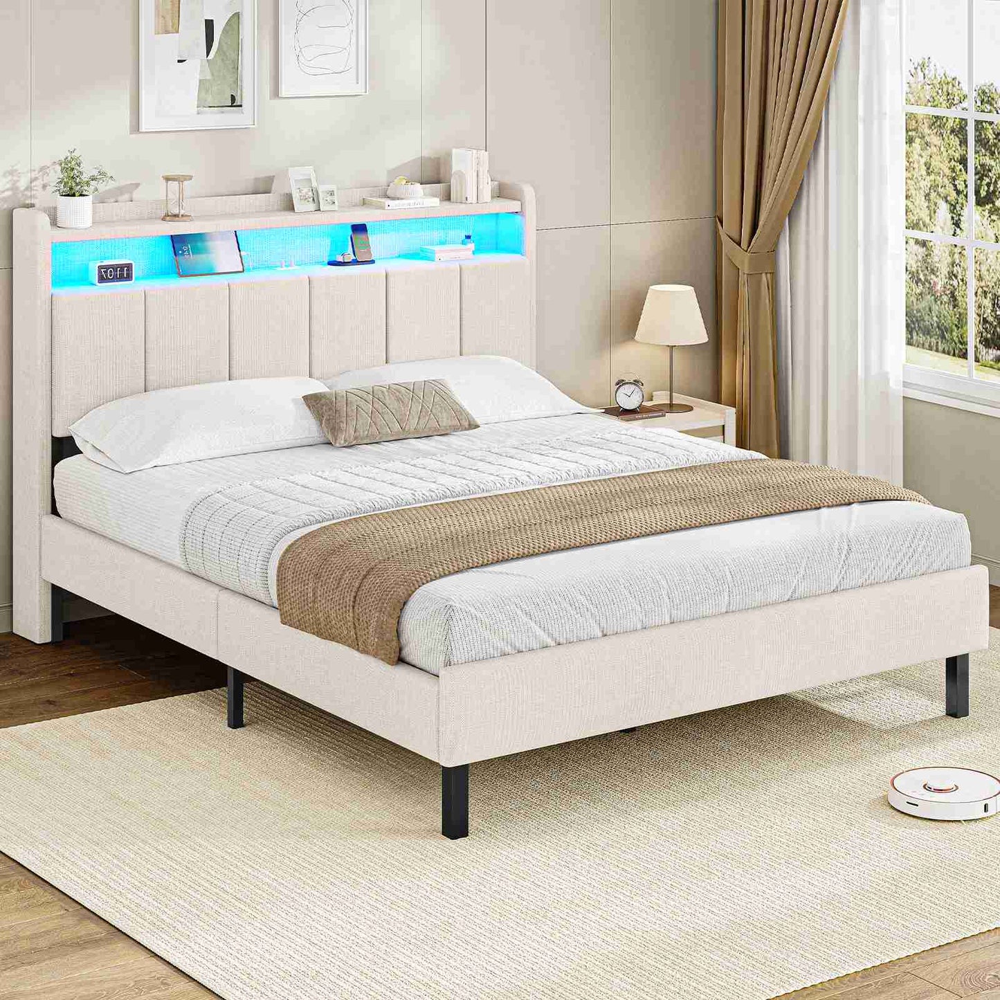 AOGLLATI Polsterbett 140x200 mit LED & Ladestation mit Stauraum unter dem Bett Jugendbett Bettgestell mit Weich Gepolstertem Kopfteil