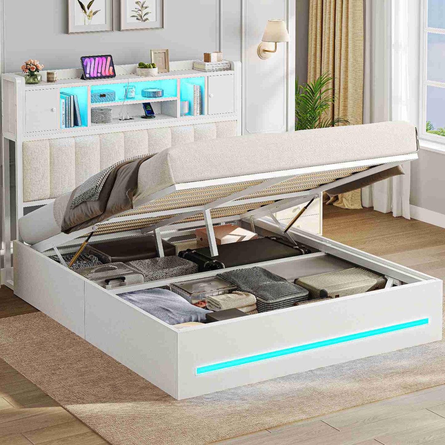 AOGLLATI Bett 140x200 mit Hydraulischem Stauraum & Kopfteil Stauraum mit LED Beleuchtung und Ladestation