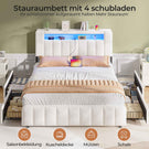 AOGLLATI Bett 160x200 mit 4 Schubladen mit Stauraum mit Steckdosen & LED-Beleuchtung mit Multifunktionales Kopfteil