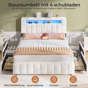 AOGLLATI Bett 160x200 mit 4 Schubladen mit Stauraum mit Steckdosen & LED-Beleuchtung mit Multifunktionales Kopfteil
