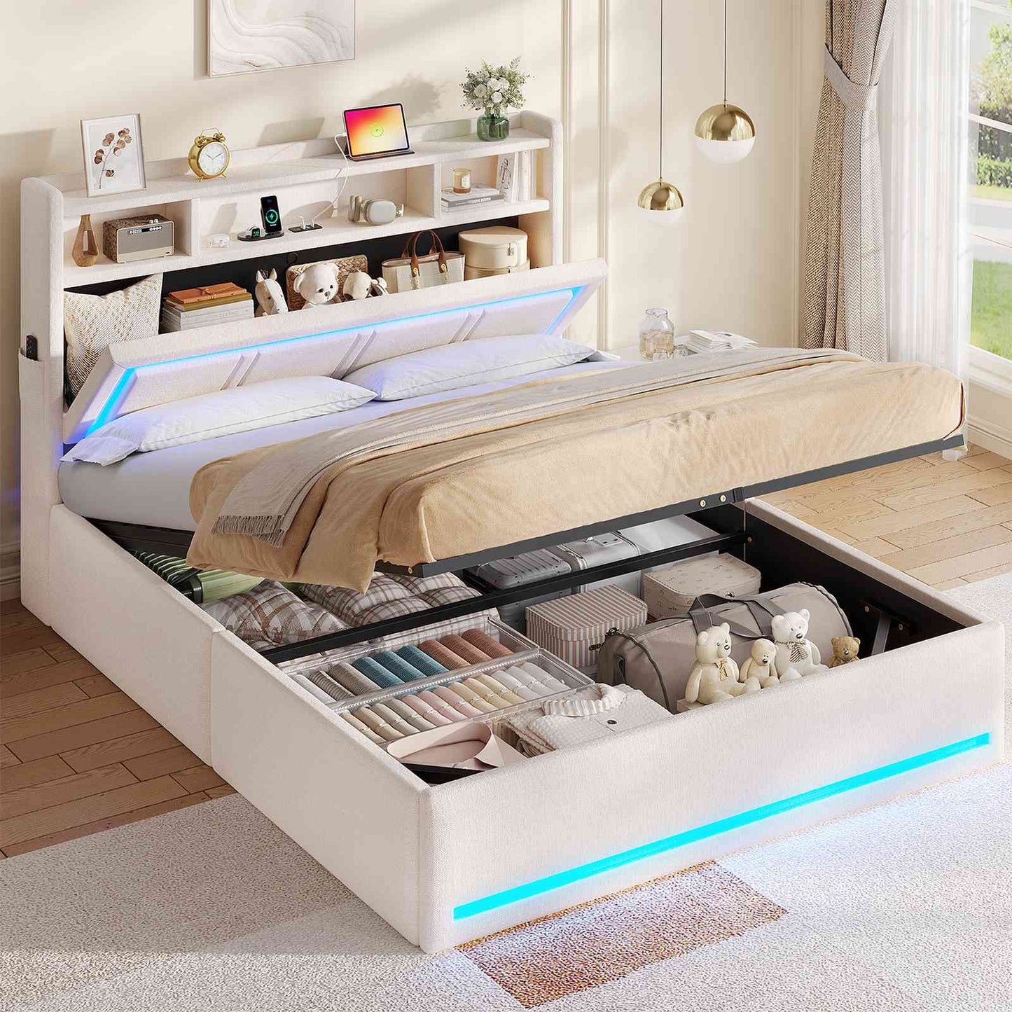 AOGLLATI Bett 140x200 Dunkelgrau mit LED Beleuchtung USB & Hydrauliksystem | Polsterbett mit Bettkasten Kopfteil Stauraum
