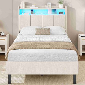 AOGLLATI Bett 90x200 mit LED & Ladestation Bettgestell mit Stauraum unter dem Bett Kinderbett Jugendbett mit Lattenrost aus Holz