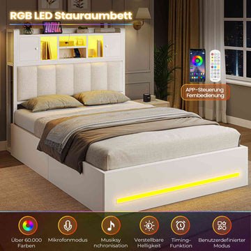 AOGLLATI Bett 90x200 mit Hydraulischem Stauraum & Kopfteil Stauraum Jugendbett Kinderbett mit LED Beleuchtung und Ladestation