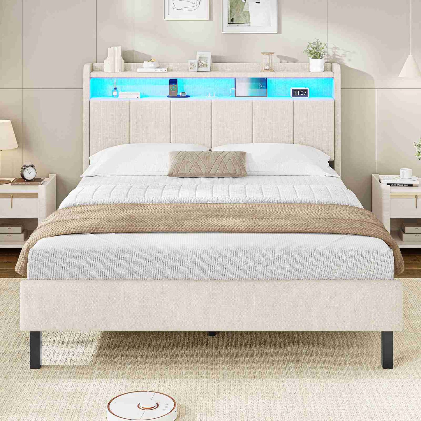 AOGLLATI Polsterbett 140x200 mit LED & Ladestation mit Stauraum unter dem Bett Jugendbett Bettgestell mit Weich Gepolstertem Kopfteil