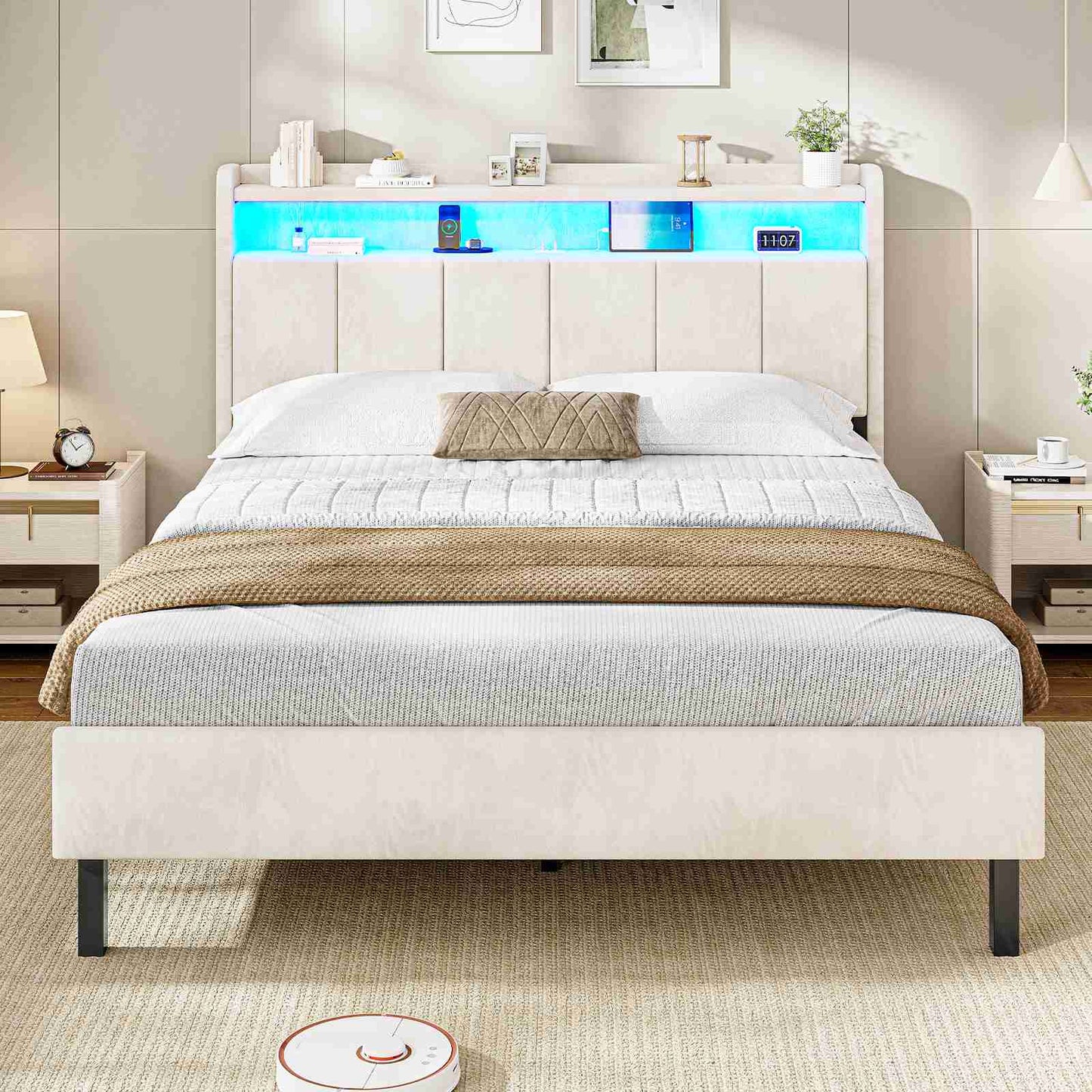 AOGLLATI Polsterbett 140x190 mit LED & Ladestation mit Stauraum unter dem Bett mit Lattenrost aus Holz