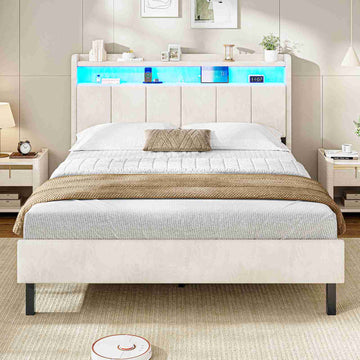 AOGLLATI Polsterbett 140x190 mit LED & Ladestation mit Stauraum unter dem Bett mit Lattenrost aus Holz