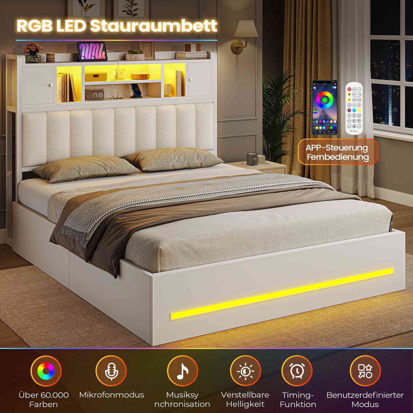 AOGLLATI Bett 140x200 mit Hydraulischem Stauraum & Kopfteil Stauraum mit LED Beleuchtung und Ladestation