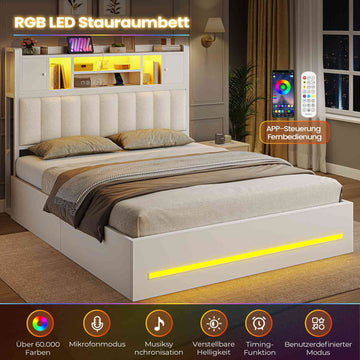AOGLLATI Bett 140x200 mit Hydraulischem Stauraum & Kopfteil Stauraum mit LED Beleuchtung und Ladestation