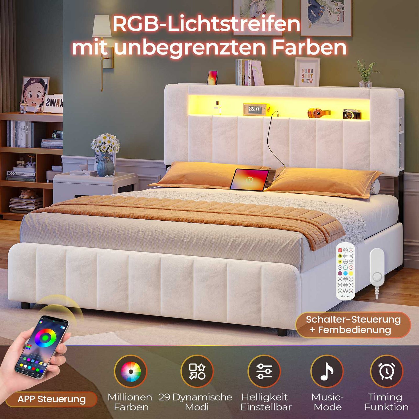 AOGLLATI Bett 160x200 mit 4 Schubladen mit Stauraum mit Steckdosen & LED-Beleuchtung mit Multifunktionales Kopfteil