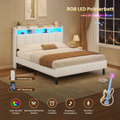 AOGLLATI Polsterbett 140x200 mit LED & Ladestation mit Stauraum unter dem Bett Jugendbett Bettgestell mit Weich Gepolstertem Kopfteil