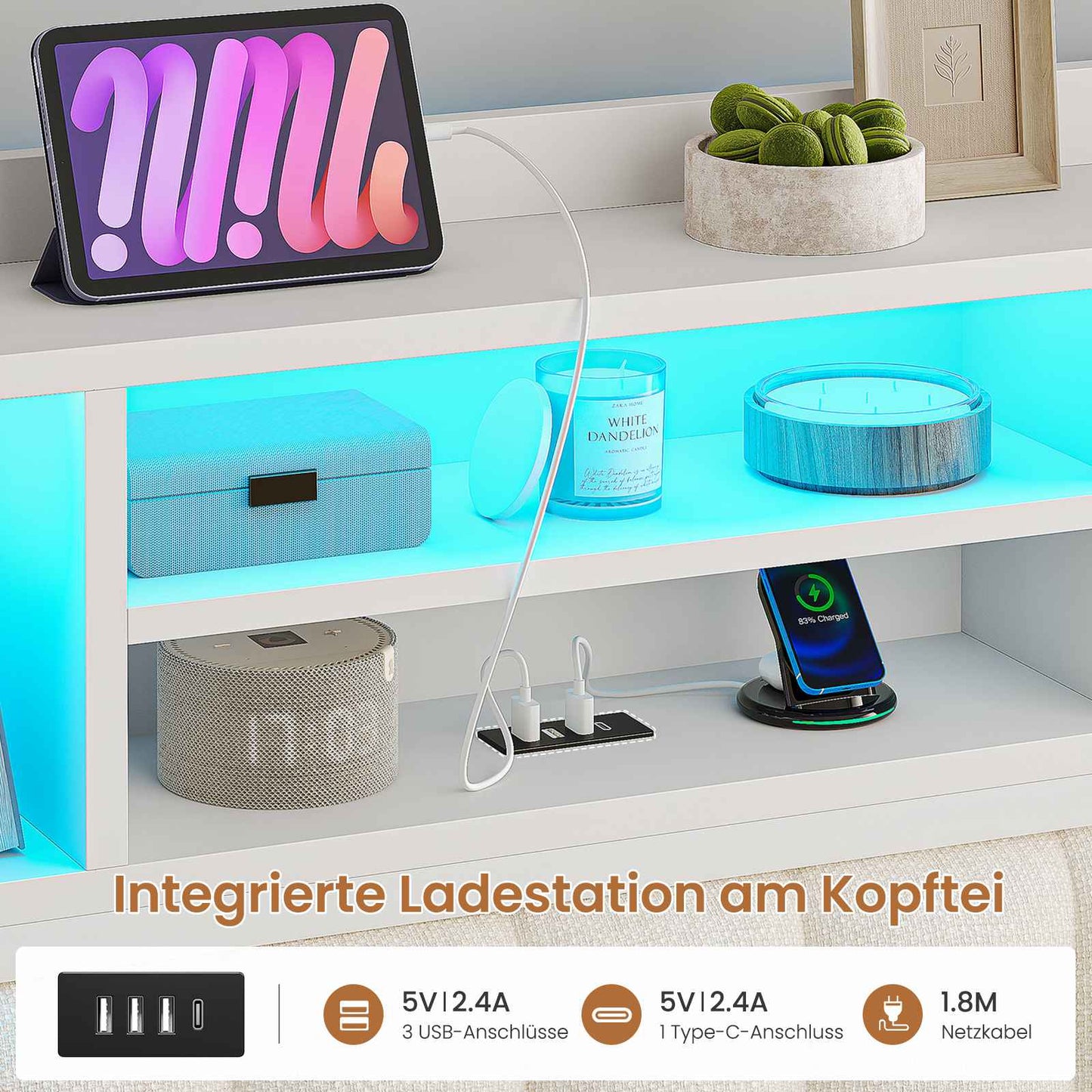 AOGLLATI Bett 90x200 mit Hydraulischem Stauraum & Kopfteil Stauraum Jugendbett Kinderbett mit LED Beleuchtung und Ladestation
