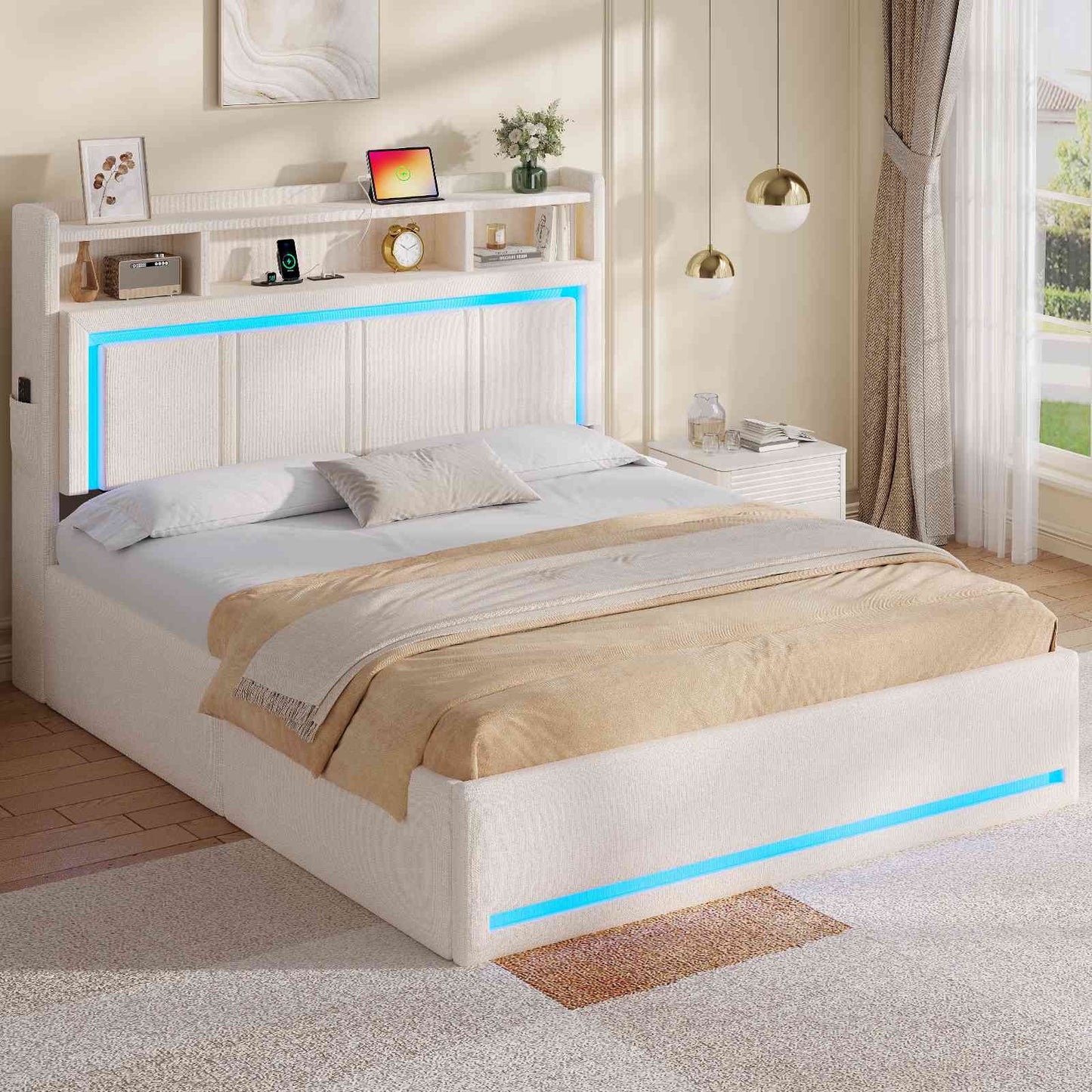 AOGLLATI Bett 140x200 Dunkelgrau mit LED Beleuchtung USB & Hydrauliksystem | Polsterbett mit Bettkasten Kopfteil Stauraum