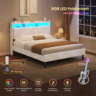 AOGLLATI Polsterbett 140x190 mit LED & Ladestation mit Stauraum unter dem Bett mit Lattenrost aus Holz