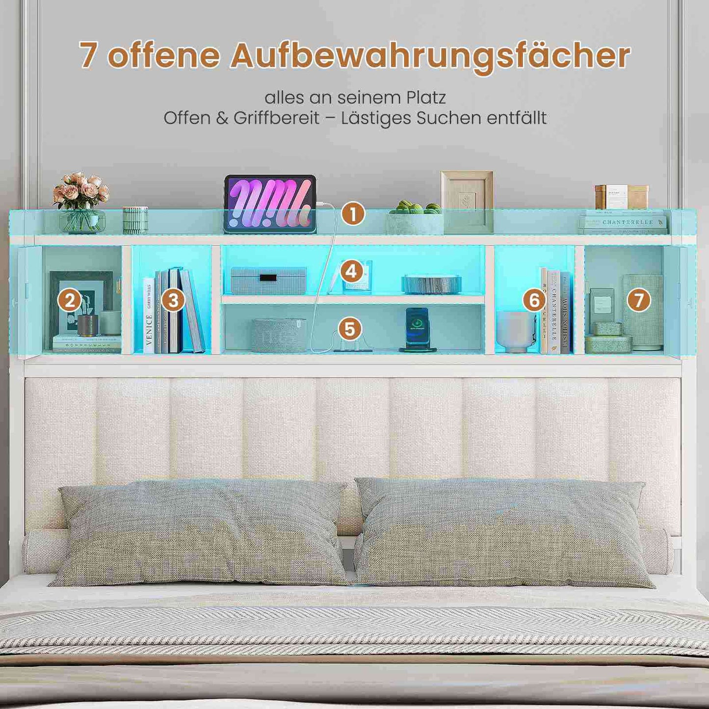 AOGLLATI Bett 140x200 mit Hydraulischem Stauraum & Kopfteil Stauraum mit LED Beleuchtung und Ladestation