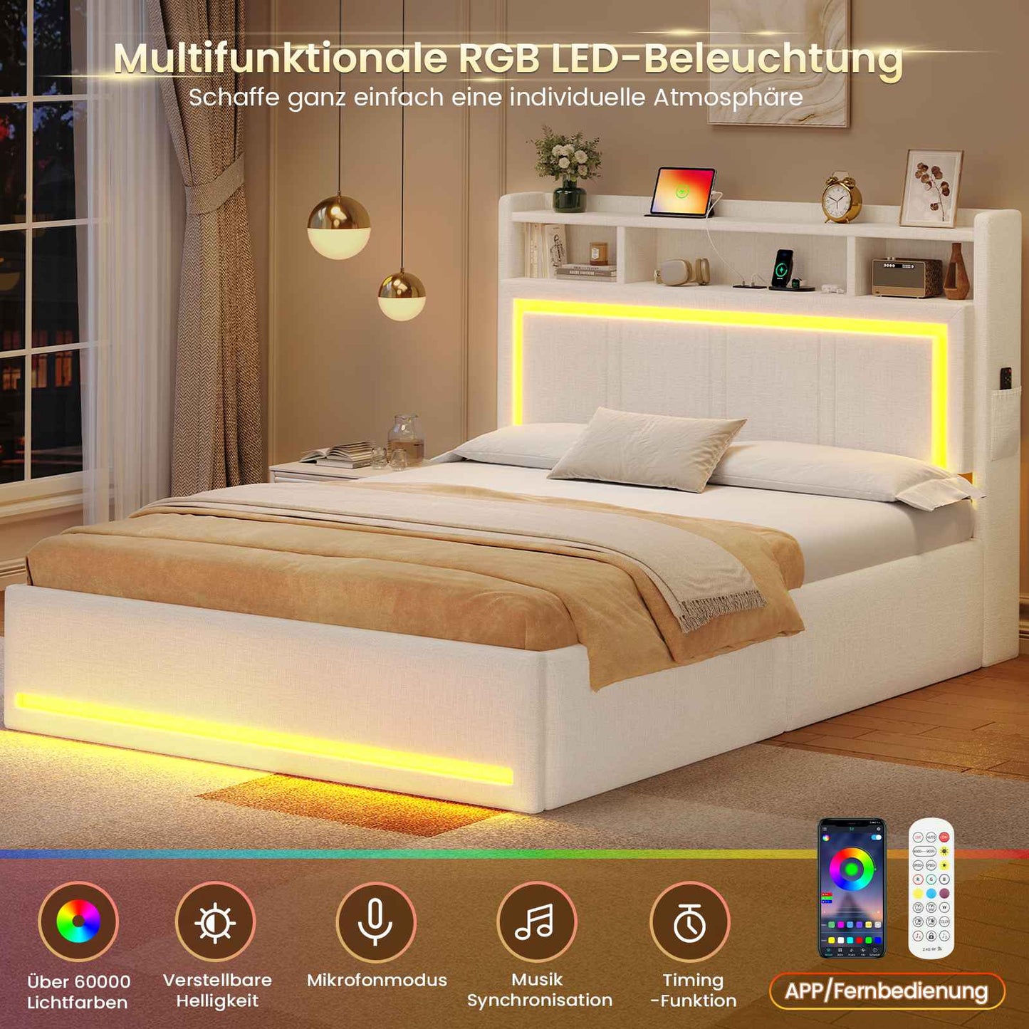 AOGLLATI Bett 140x200 Dunkelgrau mit LED Beleuchtung USB & Hydrauliksystem | Polsterbett mit Bettkasten Kopfteil Stauraum