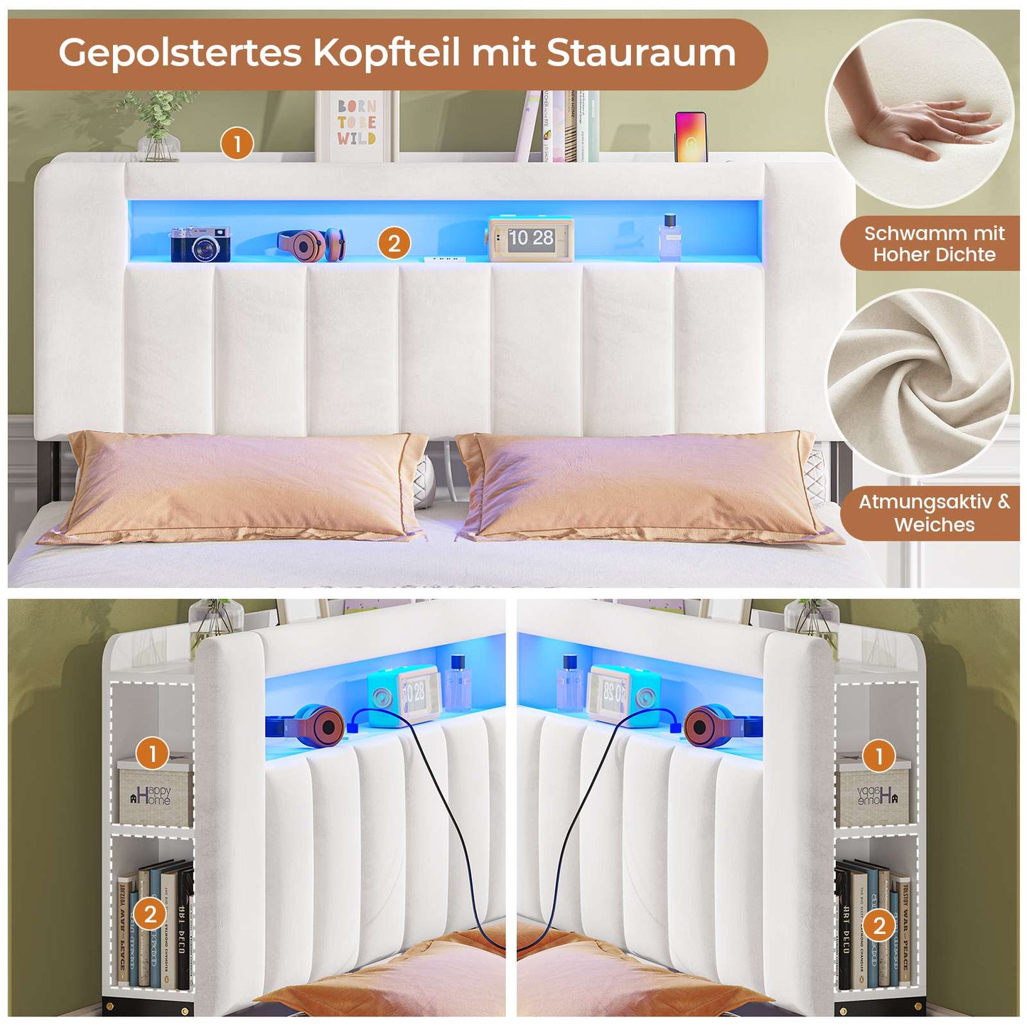 AOGLLATI Bett 160x200 mit 4 Schubladen mit Stauraum mit Steckdosen & LED-Beleuchtung mit Multifunktionales Kopfteil