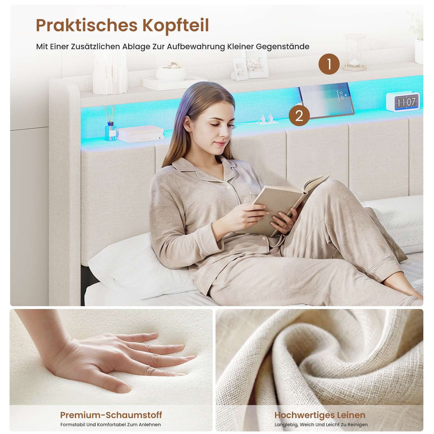 AOGLLATI Polsterbett 140x200 mit LED & Ladestation mit Stauraum unter dem Bett Jugendbett Bettgestell mit Weich Gepolstertem Kopfteil