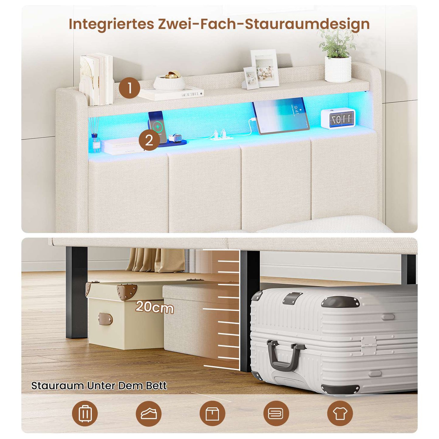 AOGLLATI Bett 90x200 mit LED & Ladestation Bettgestell mit Stauraum unter dem Bett Kinderbett Jugendbett mit Lattenrost aus Holz
