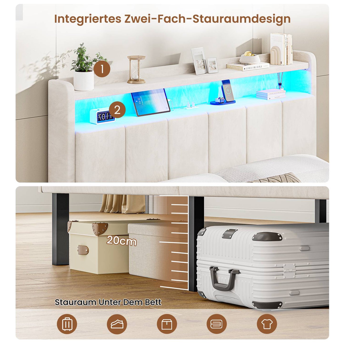 AOGLLATI Polsterbett 140x190 mit LED & Ladestation mit Stauraum unter dem Bett mit Lattenrost aus Holz