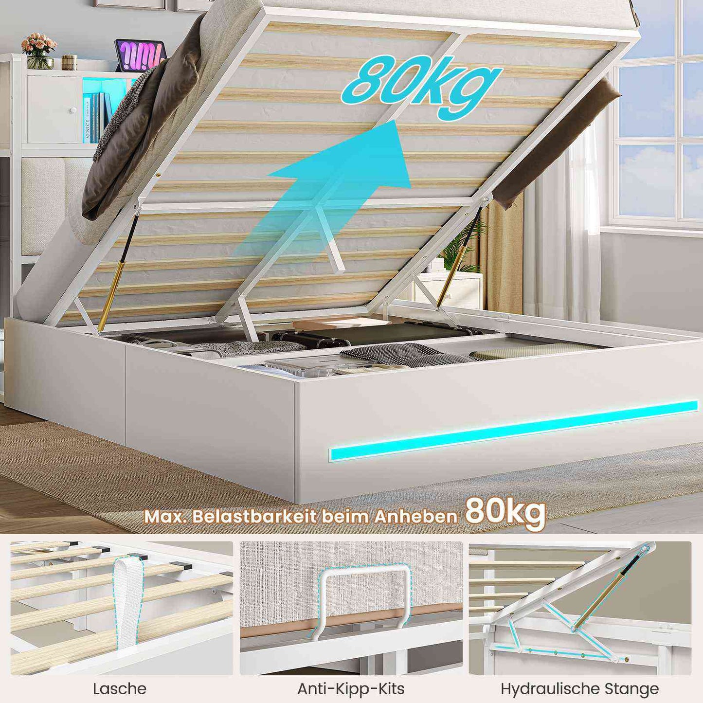 AOGLLATI Bett 140x200 mit Hydraulischem Stauraum & Kopfteil Stauraum mit LED Beleuchtung und Ladestation