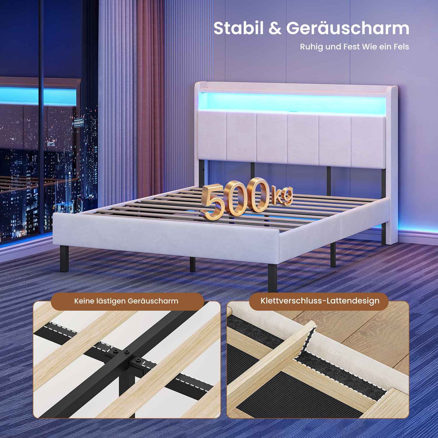 AOGLLATI Polsterbett 140x190 mit LED & Ladestation mit Stauraum unter dem Bett mit Lattenrost aus Holz